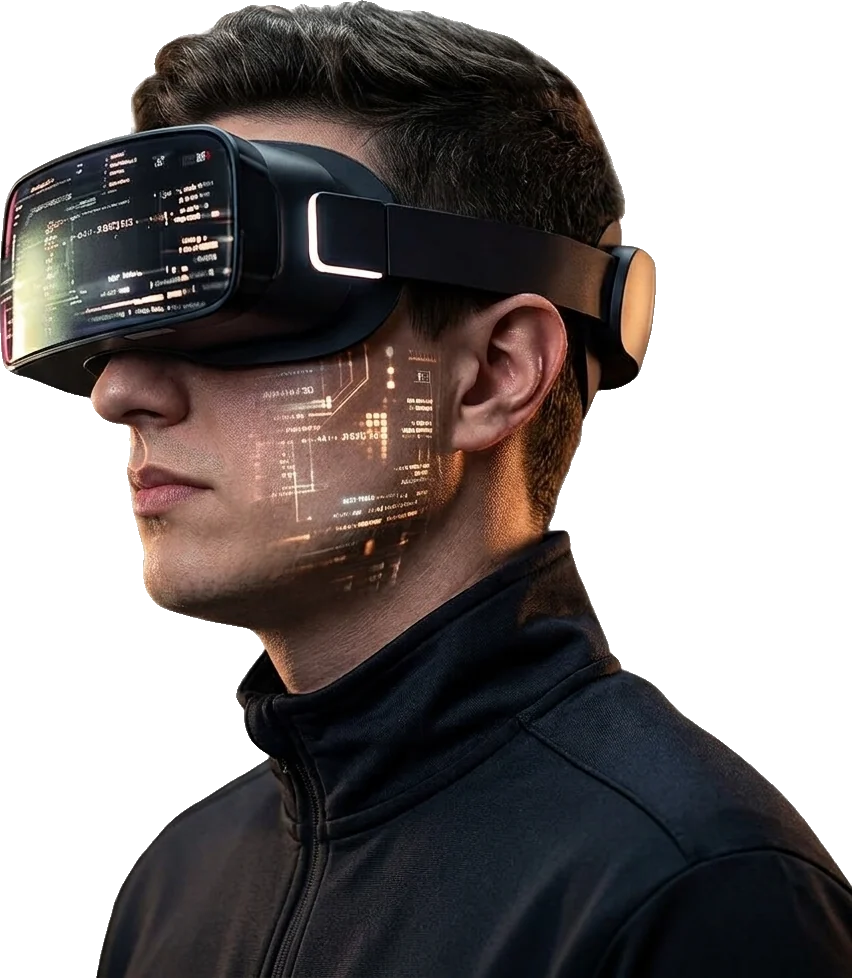 Foto de Lucas Idalino usando óculos de realidade virtual