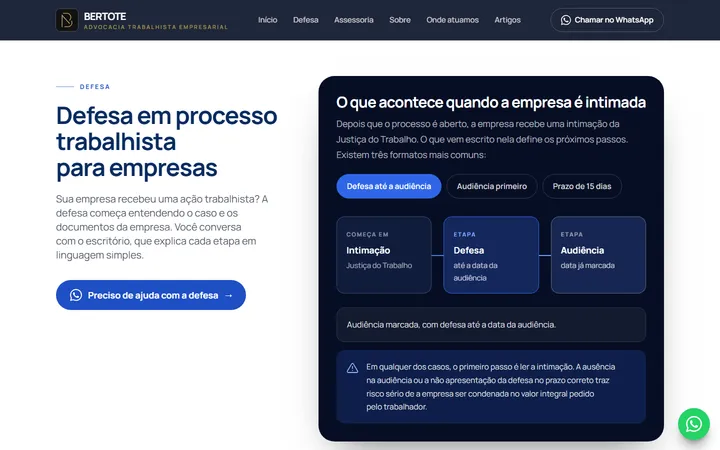 Página de defesa trabalhista, com o diagrama animado dos formatos de intimação e o aviso sobre prazos