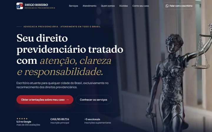 Página inicial do site do escritório Diego Ribeiro, com a estátua da Justiça ao fundo