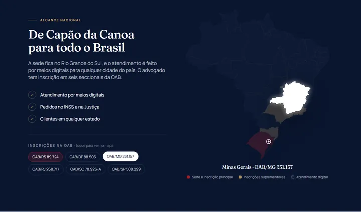 Mapa do Brasil com as seccionais da OAB do advogado, com Minas Gerais em destaque