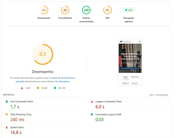 Resultado do PageSpeed Insights no celular para o site antigo: desempenho 63, acessibilidade 88