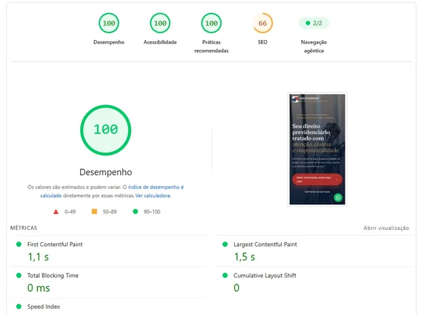 Resultado do PageSpeed Insights no celular para o site novo: desempenho 100, acessibilidade 100