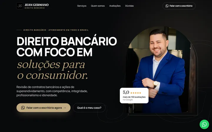 Página inicial do site do escritório Jean Germano, com a foto do advogado em arco e a nota do Google
