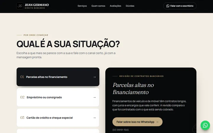 Seção "Qual é a sua situação?", com as quatro opções e a explicação da escolhida